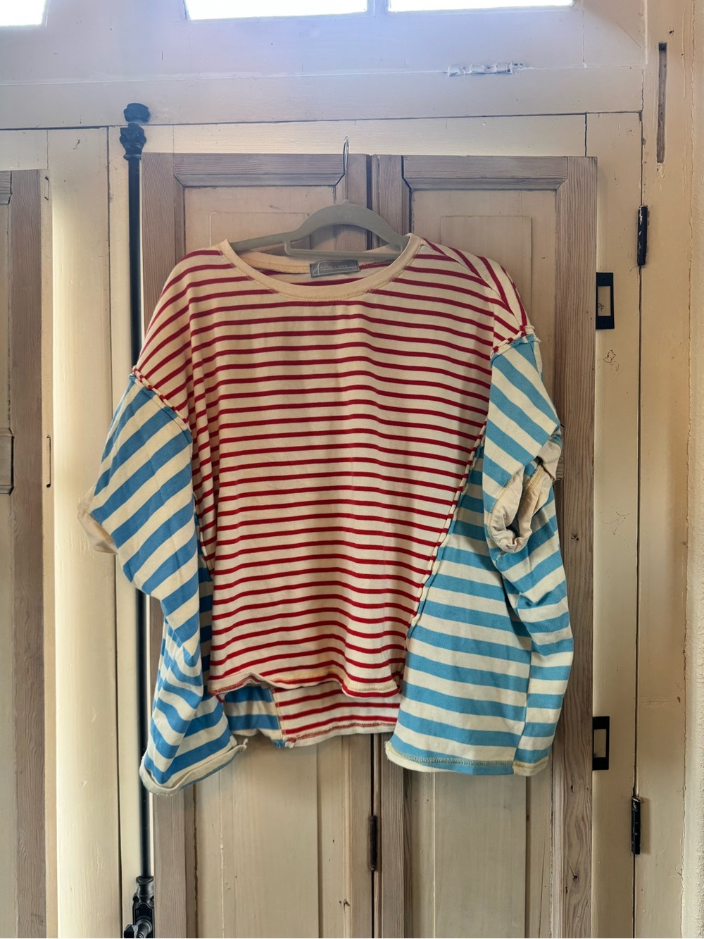 Kids Striped Mixed-Color Cotton Tee - Red & Light Blue